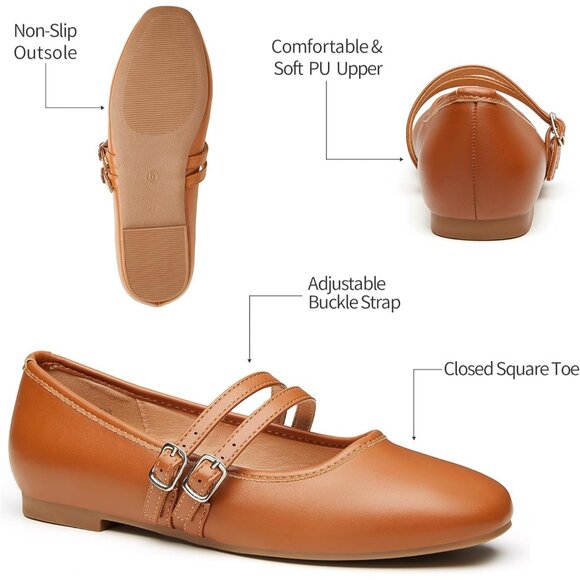 Trary Women Brown Polyurethane (PU) Square Toe Slip On Buckle Strap Ballet Flats - Picture 4 of 7